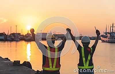 Behind of Engineers, technicians Asian, Compare with real locations For construction Editorial Stock Photo