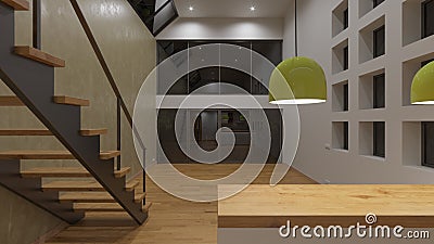 Behind the Kitchen Counter in an Empty Open Plan House in Natural Daylight Stock Photo