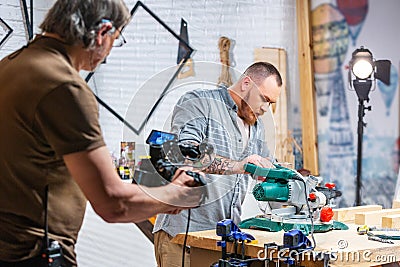 Behind the scenes of production for camera equipment video shooting, the set scene with the worker Stock Photo