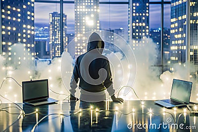 Behind-the-scenes view of a hooded hacker in a room full of wires and smoke and multiple computers. in a mysterious atmosphere Stock Photo