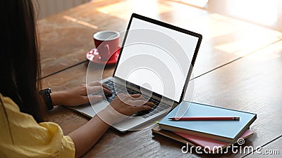 Behind shot of beautiful woman working as accountant while sitting and working with white blank screen computer laptop. Stock Photo