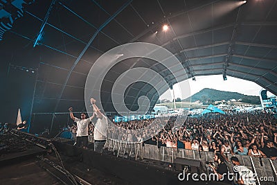 Behind stage high-angle of male singers performing on the stage during Electric Love Music Festival Editorial Stock Photo