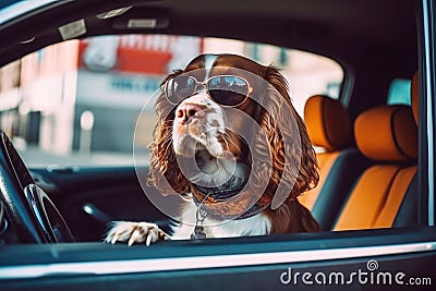 Behind the steering wheel, a happy spaniel dog with sunglasses drives the car with glee Stock Photo