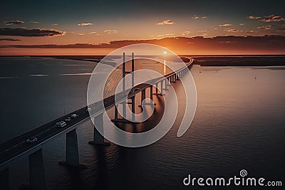 Behold the breathtaking aerial perspective of the iconic Oresundsbron bridge, gracefully connecting Denmark and Sweden. Marvel at Stock Photo