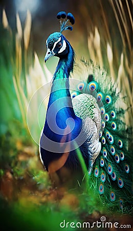 Radiant Beauty : A Captivating Peacock in the Forest. Generative AI Stock Photo