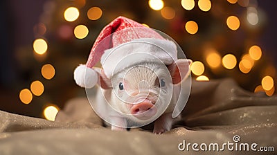 Festive Swine Delight: Adorable Teacup Pig in Christmas Attire Stock Photo