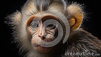 Close up zoom shot of a charming Capuchin monkey with piercing eyes on dark background Stock Photo