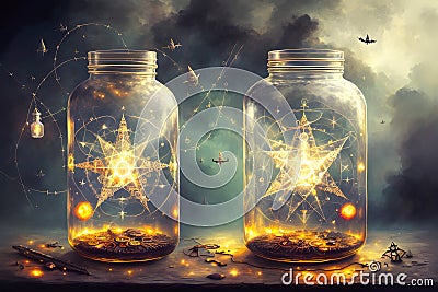 Glowing Jars Containing Illuminated Alchemical Symbols A Fantastic Sight. AI generated Stock Photo