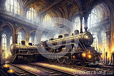 The Historic Yet Fantastic Locomotive Awaits at a Picturesque Station. AI generated Stock Photo