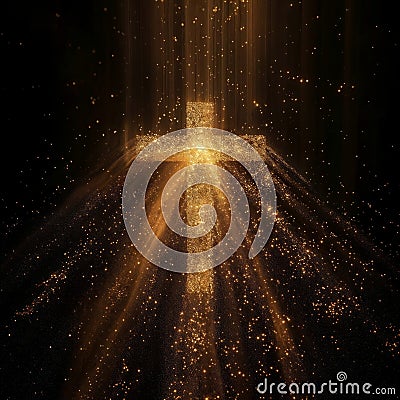 Golden Cross illuminated with glimmering light effects on a black background. Stock Photo