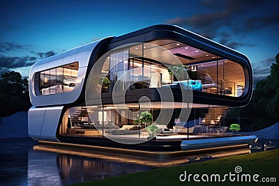 Behold a mesmerizing water house, captivatingly suspended on the oceans surface, A futuristic home with smart home features, AI Stock Photo
