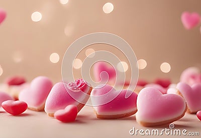 beige background card greeting shaped heart pink Banner sweets Flying Stock Photo