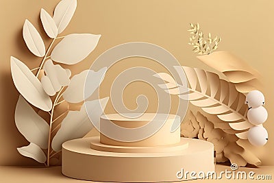 Beige background product display podium with decorative plant leaves . Flawless Stock Photo