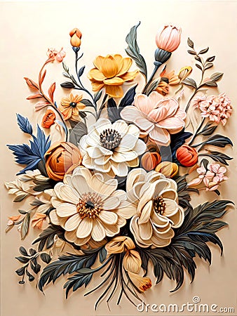 Beige Background and Toned Modern Special 3D Style Floral Oil Painting, created with Generative AI technology Stock Photo