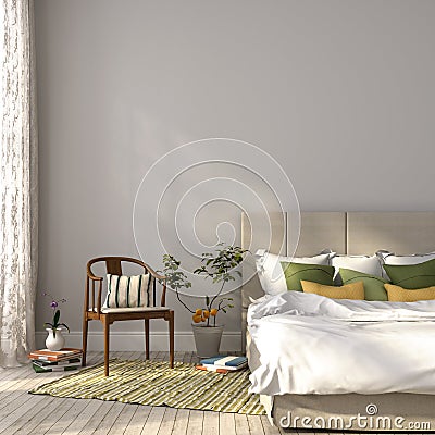 Beige bed with green decor Stock Photo