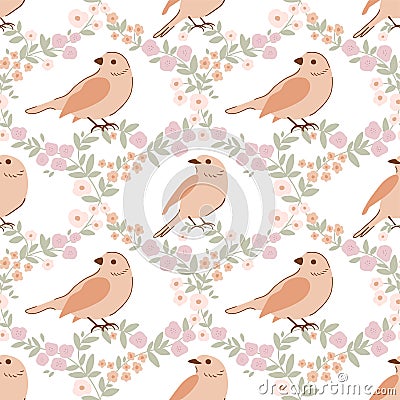 Beige birds seamless pattern with woodland sparrow and flowers. Spring floral damask vector ornament Stock Photo