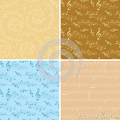 Beige and blue vector backgrounds - seamless patterns with music Vector Illustration