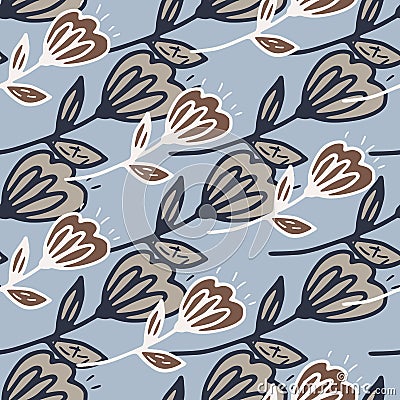 Beige and brown flowers on seamless botanic pattern. Light blue background Cartoon Illustration