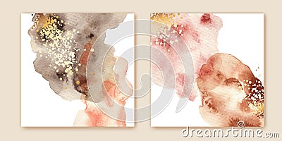 Beige, brown, pink watercolor fluid painting vector background. Golden dots, splatters. Vector Illustration