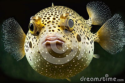 Beige brown in speck puffer fish in dark seawater Stock Photo