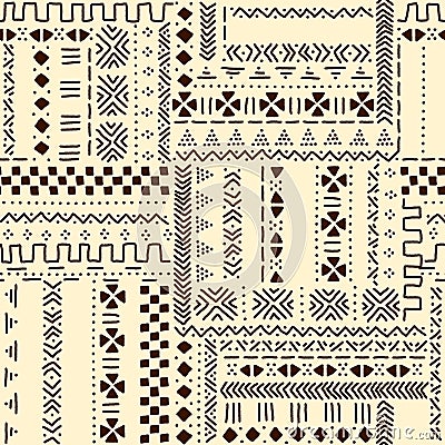 Beige and brown traditional ethnic african mudcloth fabric seamless pattern, vector Vector Illustration