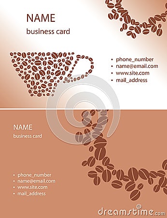 Beige and brown visit cards with cup and coffee grains - vector Vector Illustration