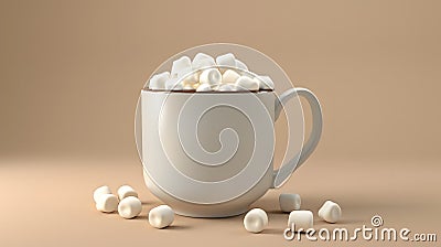 Beige coffee mug filled with marshmallows on a light background to match. The style of minimalism. The concept of warmth Stock Photo