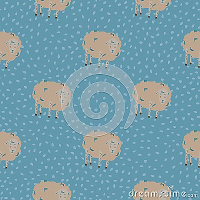 Beige colored sheep ornament seamless pattern. Doodle cartoon yarn print on blue dotted background Cartoon Illustration