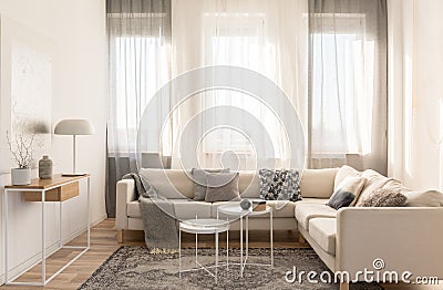 Beige comfortable corner sofa with grey pillows in elegant living room interior with white wall Stock Photo