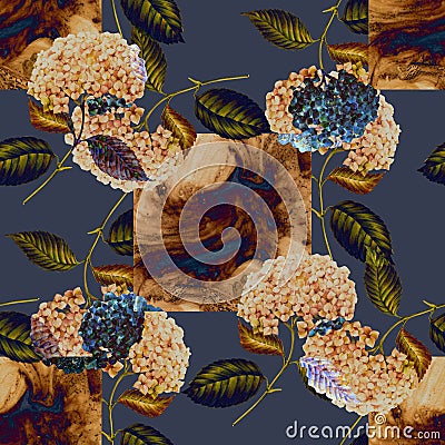Beige fond and flowers Hydrangea on blue background. Seamless pattern for design. Stock Photo