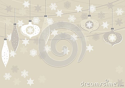 Beige glass balls and lace snowflakes horizontal illustration Vector Illustration