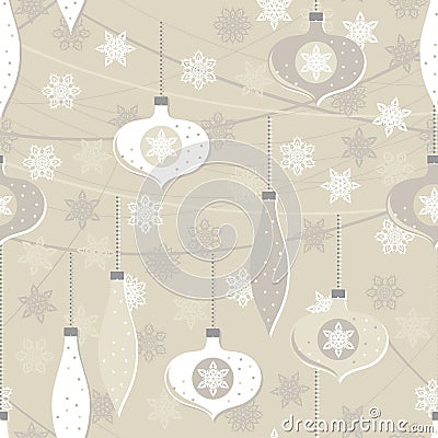 Beige glass balls and lace snowflakes seamless pattern Vector Illustration