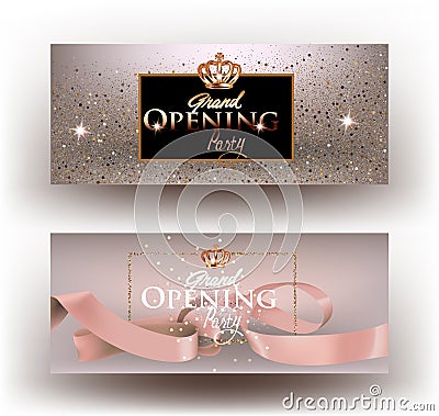 Beige grand opening party invitation cards with sparkling dust, frame and ribbon. Vector Illustration