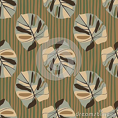 Beige and grey monstera shapes seamless pattern. Tropic abstract print on stripped background Cartoon Illustration