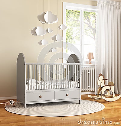 Beige and grey nursery baby room with rug Stock Photo