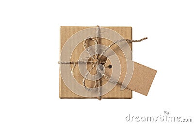 Beige isolated recycle gift box top view with tag on a white background Stock Photo