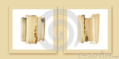 Beige, ivory, brown watercolor wall art. Elegant, chic diptych with golden strokes. Abstract forms composition. Vector Illustration