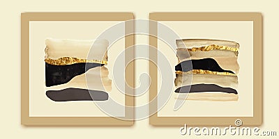 Beige, ivory, grey, black watercolor wall art. Elegant, chic diptych with golden strokes. Different forms and textures. Vector Illustration