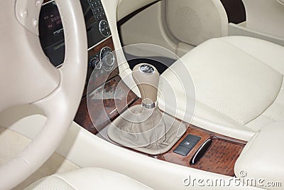 Cluj Napoca/Romania - March 01, 2018: Mercedes Benz W203- year 2006, Elegance equipment, manual gear knob, lever in beige leather Editorial Stock Photo