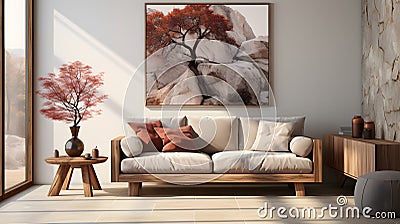 Beige lounge chair against marble wall with abstract poster. Minimalist interior design of living room. Stock Photo