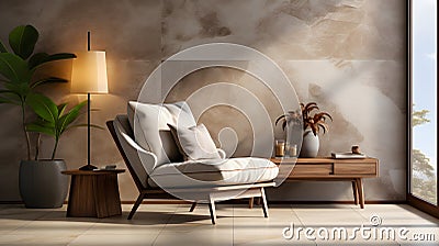 Beige lounge chair against marble wall with abstract poster. Minimalist interior design of living room. Stock Photo