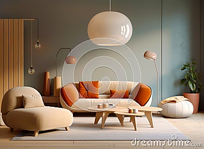 Beige lounge chair near curved sofa with orange vibrant cushions and big ball pendant light. Minimalist home interior design of Stock Photo