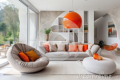 Beige lounge chair near curved sofa with orange vibrant cushions and big ball pendant light. Minimalist home interior design Stock Photo