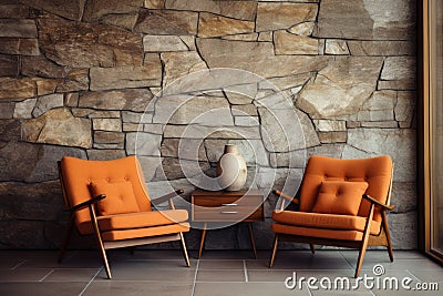 Beige lounge chair near orange loveseat sofa against wood and stone paneling wall. Mid-century style home interior design Stock Photo