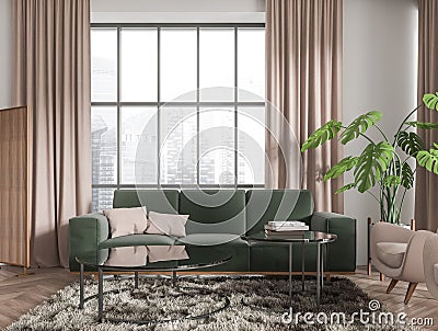 Light relax room interior with couch and coffee table, panoramic window Stock Photo