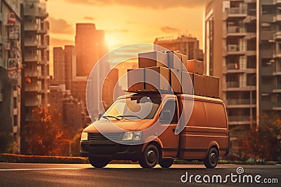 A beige minivan with cardboard boxes on the roof stands on the road against the background of high-rise buildings at sunset. Stock Photo