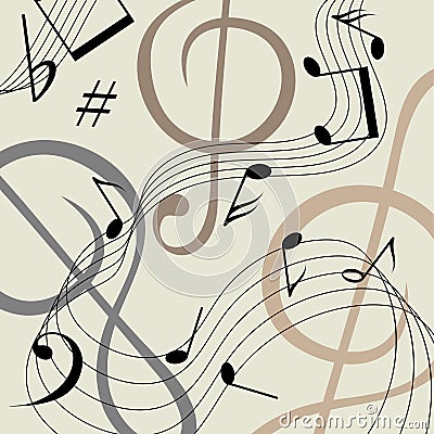 Beige musical background with black notes. Vector Illustration