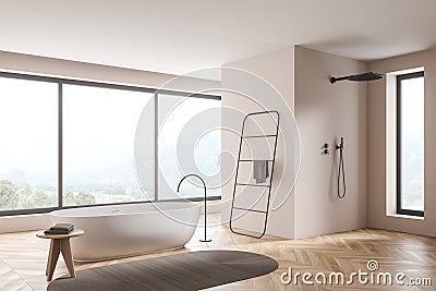 Beige panoramic bathroom with narrow window in shower area. Corner view Stock Photo