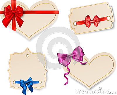 Beige paper card templates with satin bow. Vector Illustration