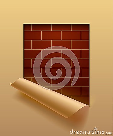 Beige paper sheet cut framed and partially rolled up with brick Vector Illustration